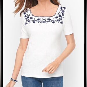 Talbots White Top with Black Floral Embroidery